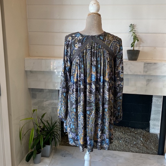 Free People Rain Or Shine Lace-Up Gray Paisley Floral Mini Dress Size Small - Picture 8 of 14